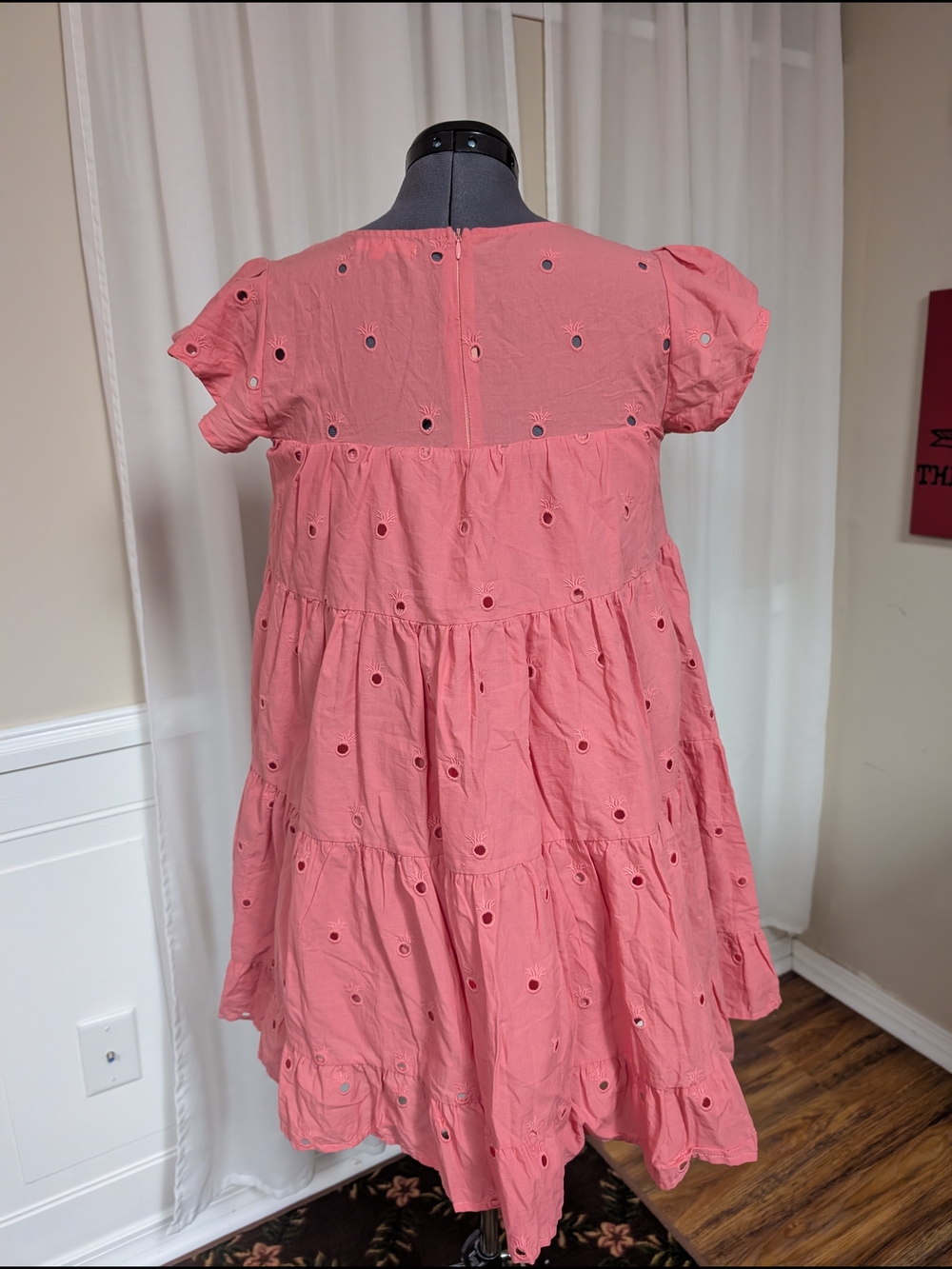 Simply Southern Coral Pink Eyelet Tiered Dress with Flutter Sleeves - Picture 5 of 8